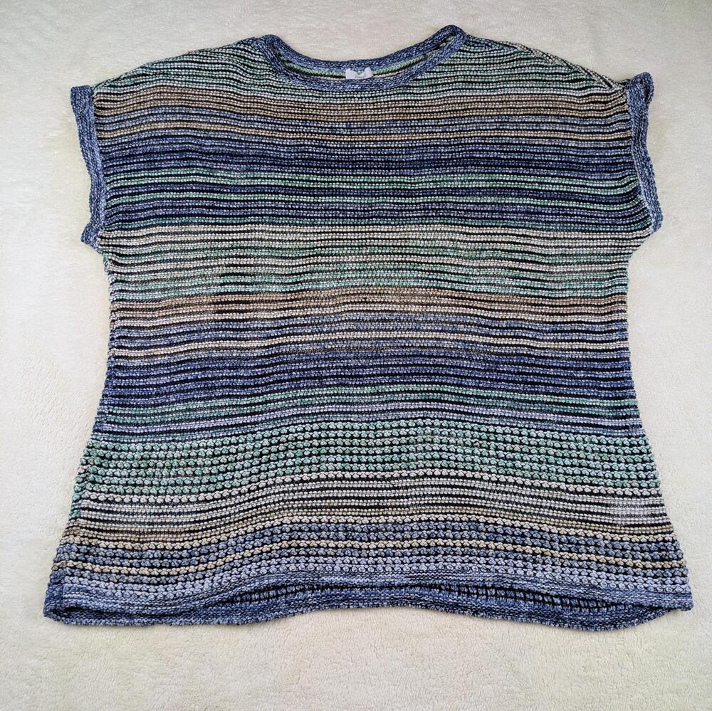 Pure Jill Sweater Womens XL Petite Blue Green Stripe Textured Short Sleeve Knit